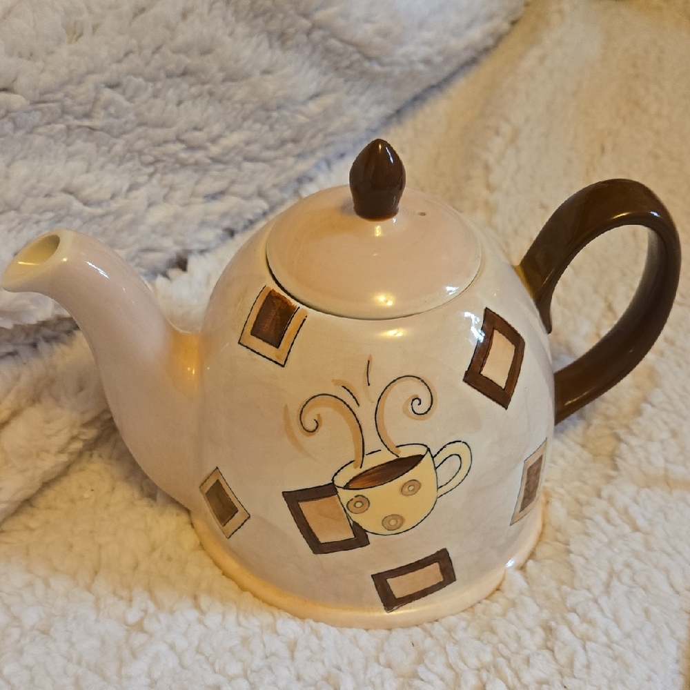 Ceramic Teapot with Brown Handle and Cream Body